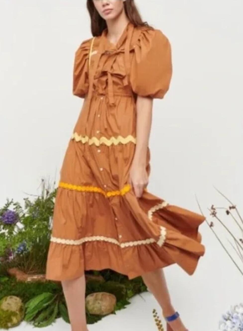 Celia B Tyra Midi Dress Scallop Ruffles Ric Rac Trim Brown Cotton Size XS NWT